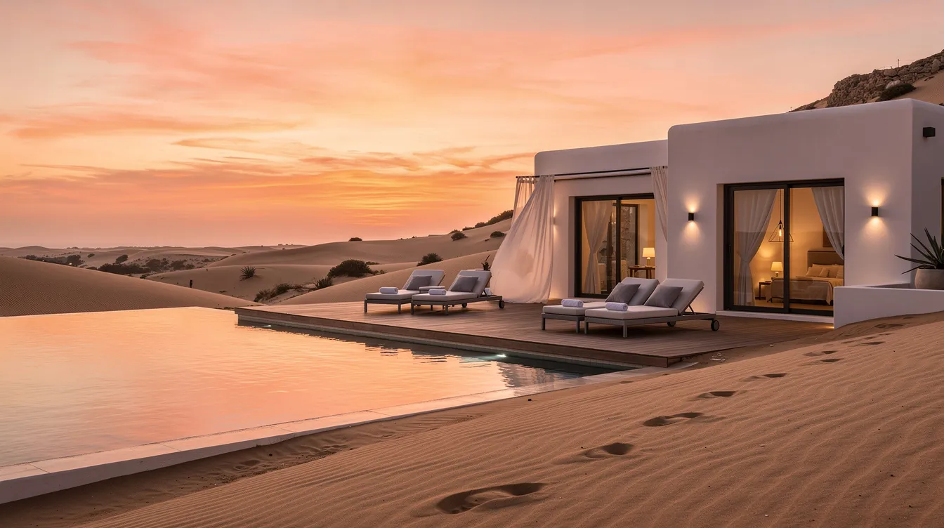 A private villa sits surrounded by golden dunes, with a pool reflecting the colours of the Dubai sunset. This idyllic setting is perfect for a romantic honeymoon, offering an atmosphere of luxury and tranquillity.
