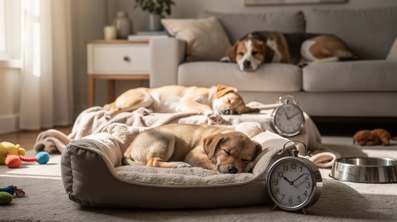The image depicts a cozy scene of a sleeping puppy nestled in a soft dog bed, surrounded by a quiet and calm environment, illustrating the importance of a proper puppy sleep schedule. The puppy appears peaceful, highlighting how much sleep puppies need for healthy growth and brain development.