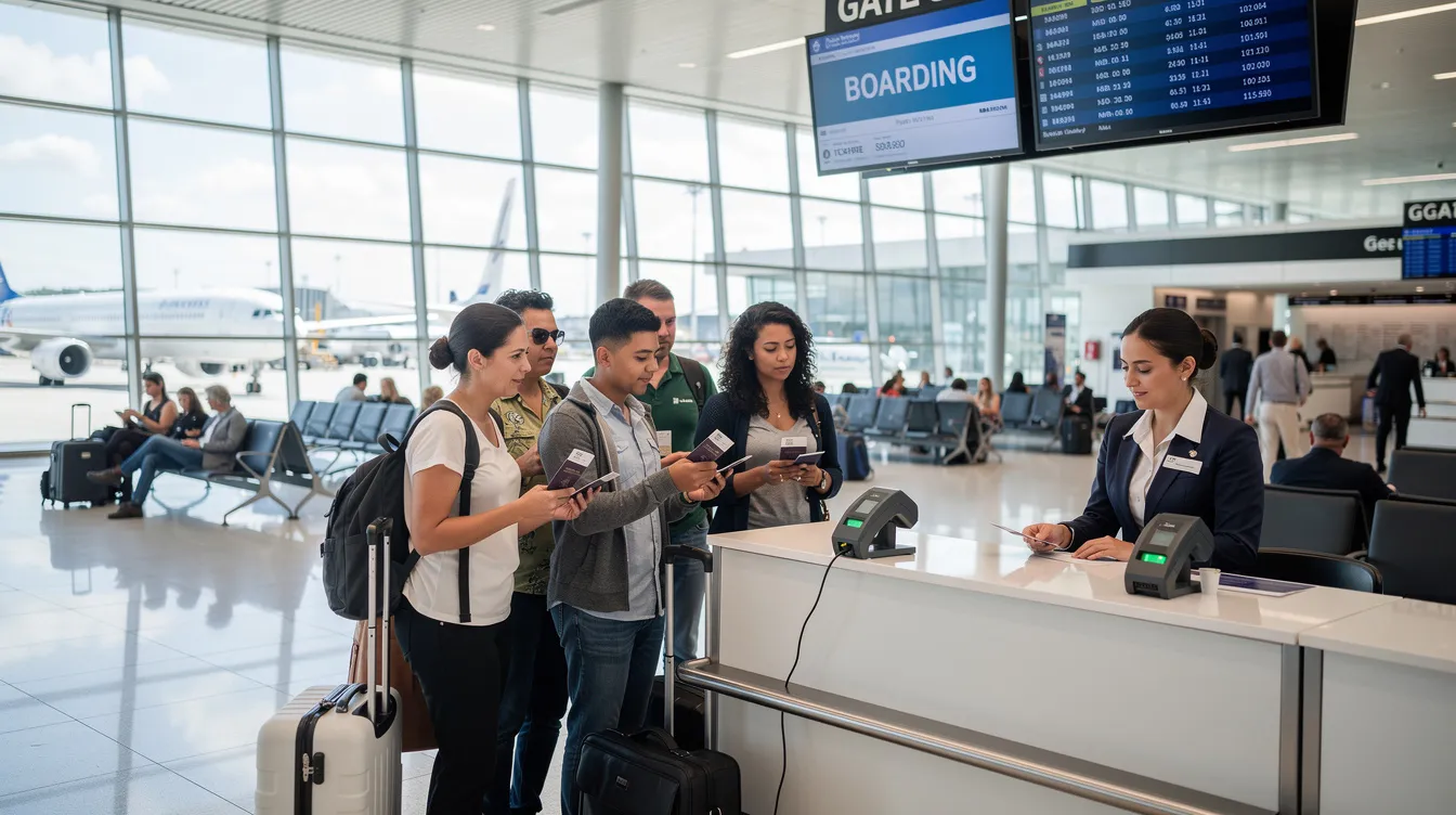 In an airport terminal, passengers are lined up at a boarding gate, presenting their passports and travel documents to airline staff. Some may be visa applicants looking to travel to the UK or Ireland, ensuring they have the necessary documentation for their journey.