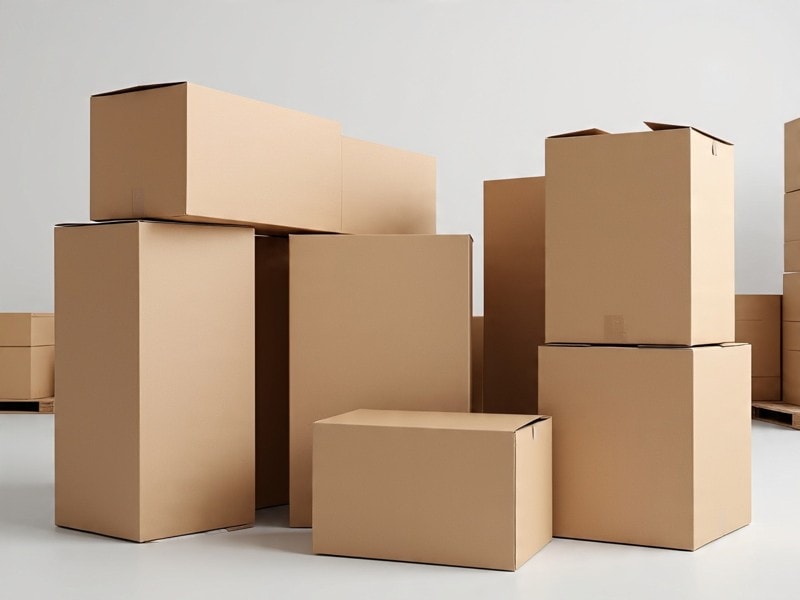 An image showing tall and short cardboard boxes stacked neatly.