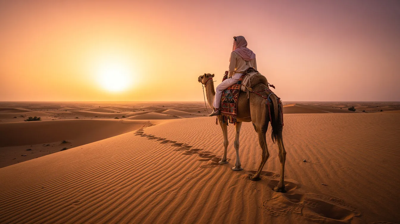 A female traveler rides a camel at sunset, surrounded by the stunning golden dunes of the Moroccan Sahara. This picturesque scene captures the essence of solo female travel in Morocco, showcasing the beauty of the landscape and the adventure of exploring this predominantly Islamic country.