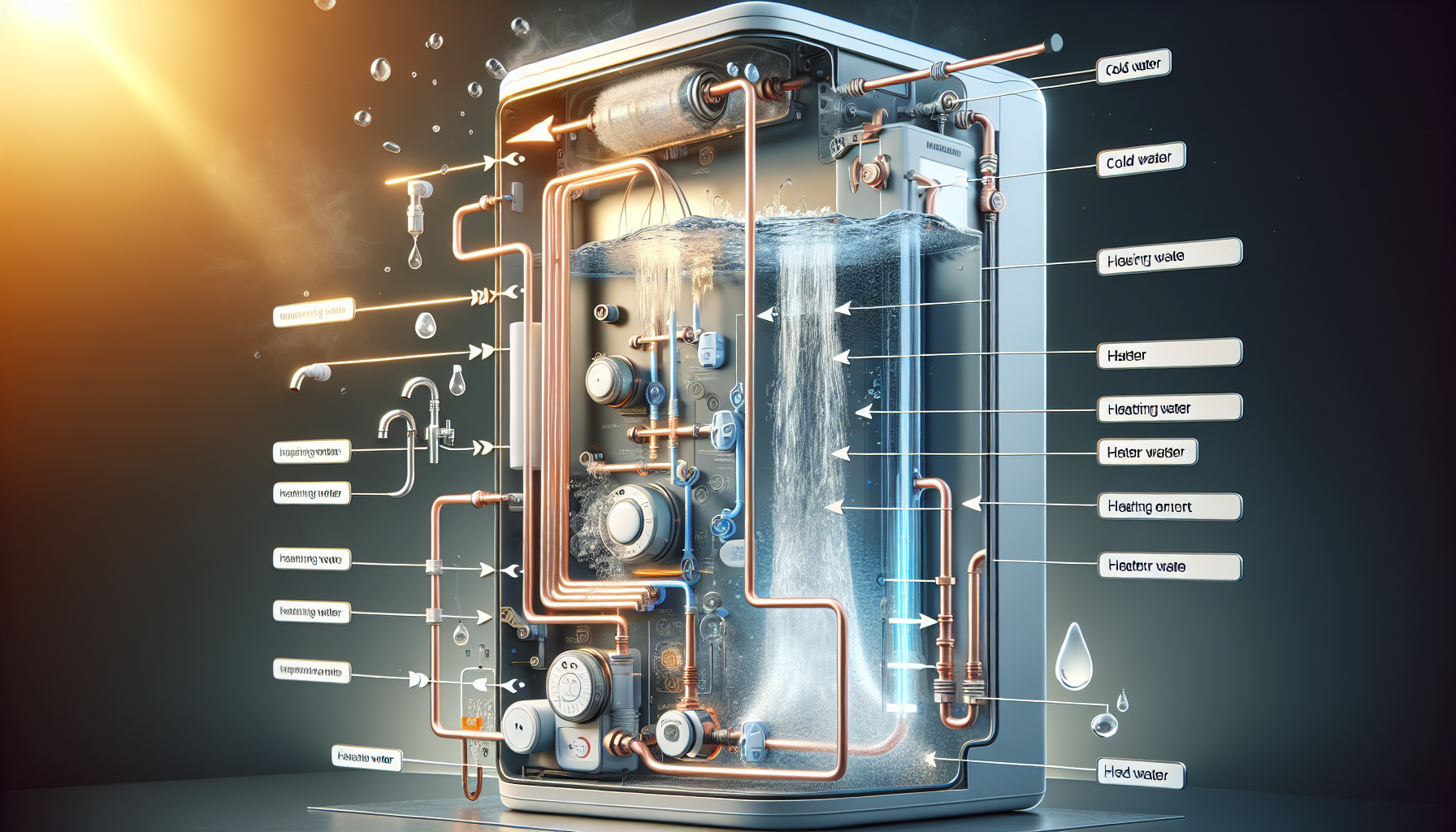 Diagram explaining how on-demand water heaters work, including flow and heating mechanisms.