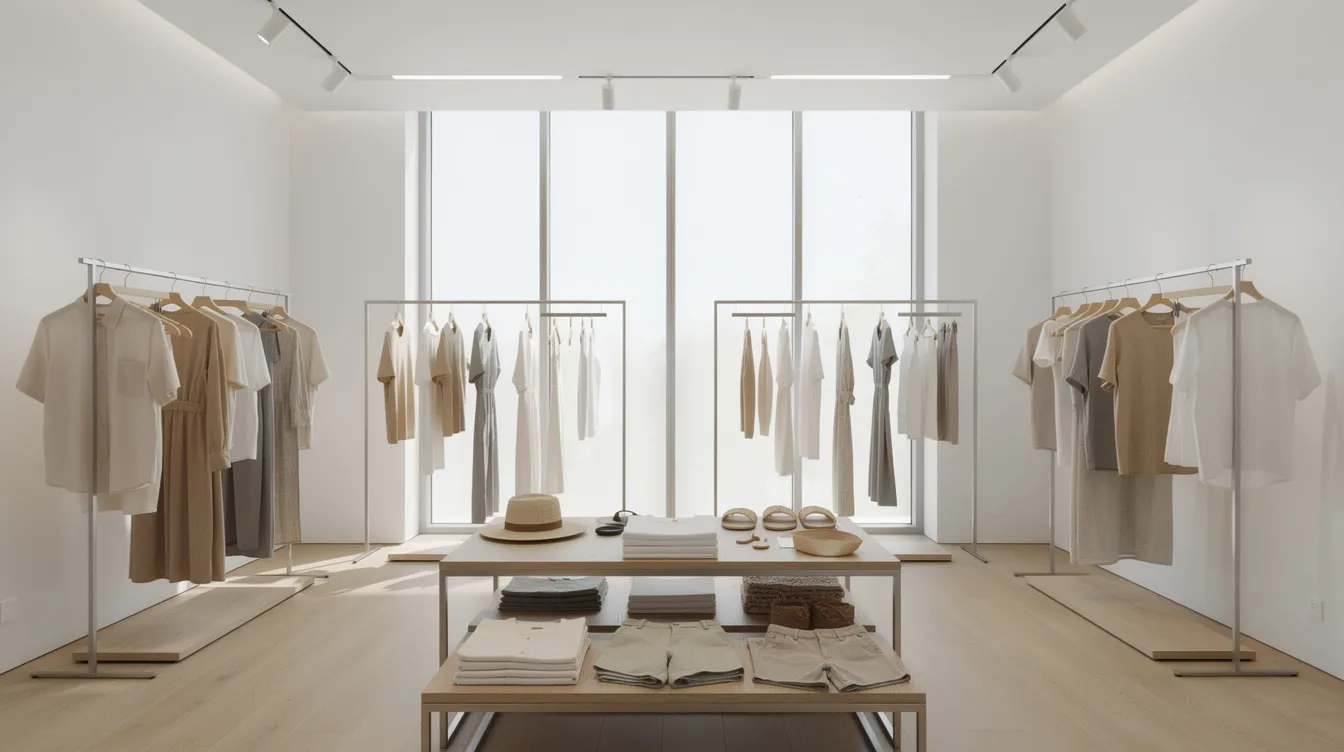The image depicts the interior of a modern, minimalist clothing store featuring clean white walls and neatly arranged racks showcasing a range of neutral-toned summer clothing items. This inviting space is perfect for shoppers looking for everyday essentials and incredible savings during the summer sale, with stylish outfits and accessories on display.