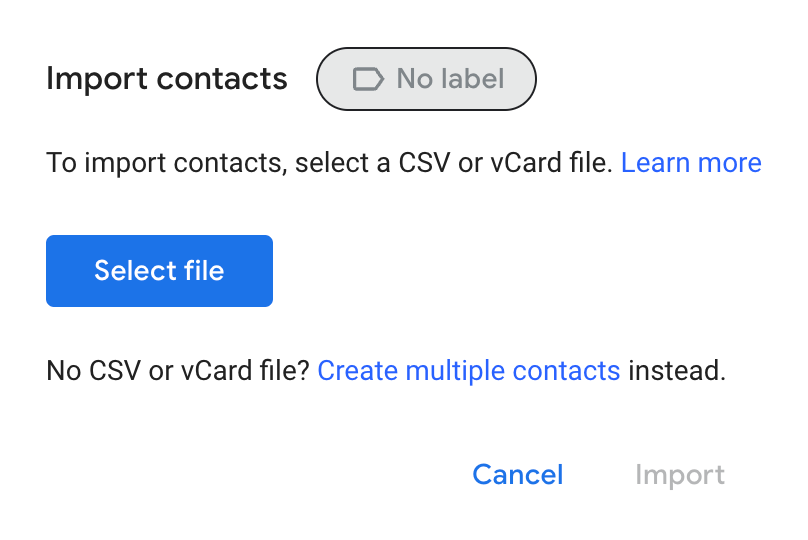 Import from file into Google Contacts.