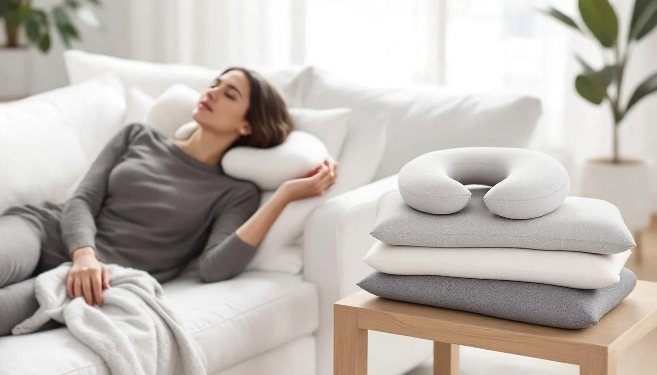 A person conducting a pillow test, evaluating different types of neck support pillows.