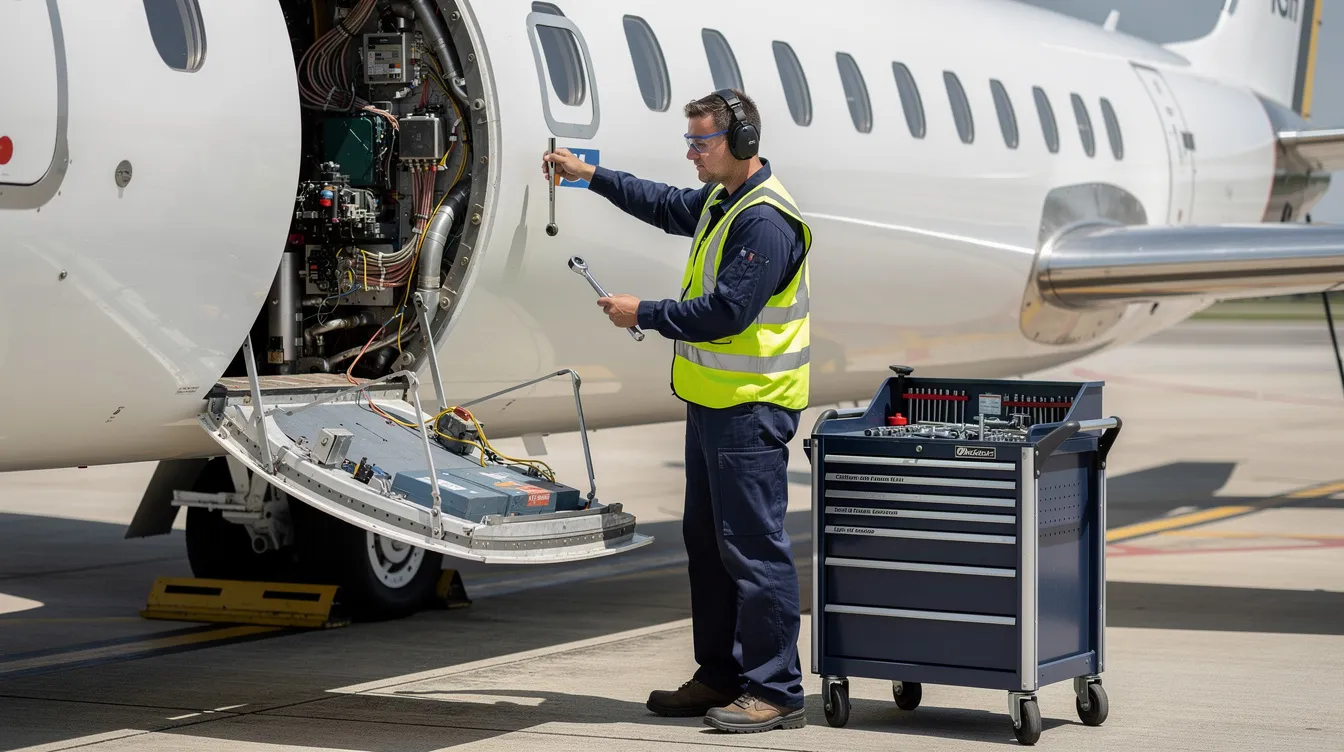 An aircraft mechanic is working diligently beside an open panel of an aircraft, using various tools to perform maintenance tasks. This hands-on experience is essential for those in aviation maintenance apprenticeship programs, preparing them for a successful career as maintenance technicians.