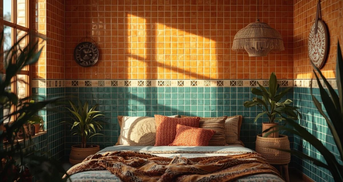 Vibrant retro tiles used to bring a bedroom space alive