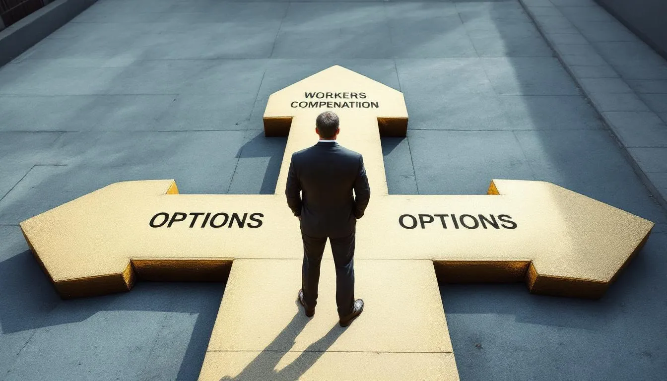 A client stands at a crossroads, contemplating various legal options for their workers compensation claim. They are surrounded by signs representing different paths, symbolizing the choices injured workers face in navigating the workers compensation system and seeking fair compensation for their workplace injuries.