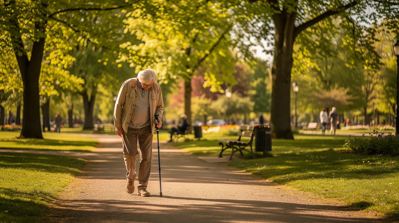 An elderly person is seen walking briskly through a sunny park, surrounded by lush trees, promoting an active lifestyle that can contribute to longevity and health. This image highlights the importance of staying active to potentially mitigate age-related diseases and chronic inflammation.