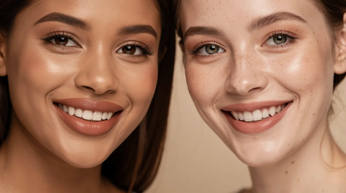 The image features two women smiling side by side, showcasing their distinct natural lip shapes in soft lighting. One woman has a fuller upper lip, while the other displays a subtle definition, emphasizing the beauty of diverse lip aesthetics without cosmetic procedures.