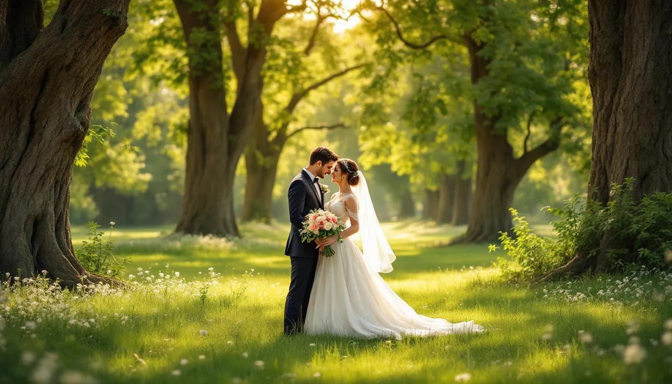 Ein romantisches Brautpaar steht in einem historischen Park in Baden-Baden, umgeben von alten Bäumen, während sanftes Nachmittagslicht durch die Blätter scheint. Die idyllische Kulisse bietet den perfekten Rahmen für ihre Trauung und symbolisiert die Liebe und Verbundenheit, die sie miteinander teilen.