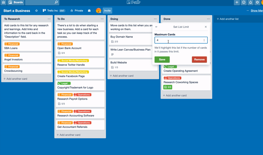 A screenshot of the List Limits add-on for Trello.