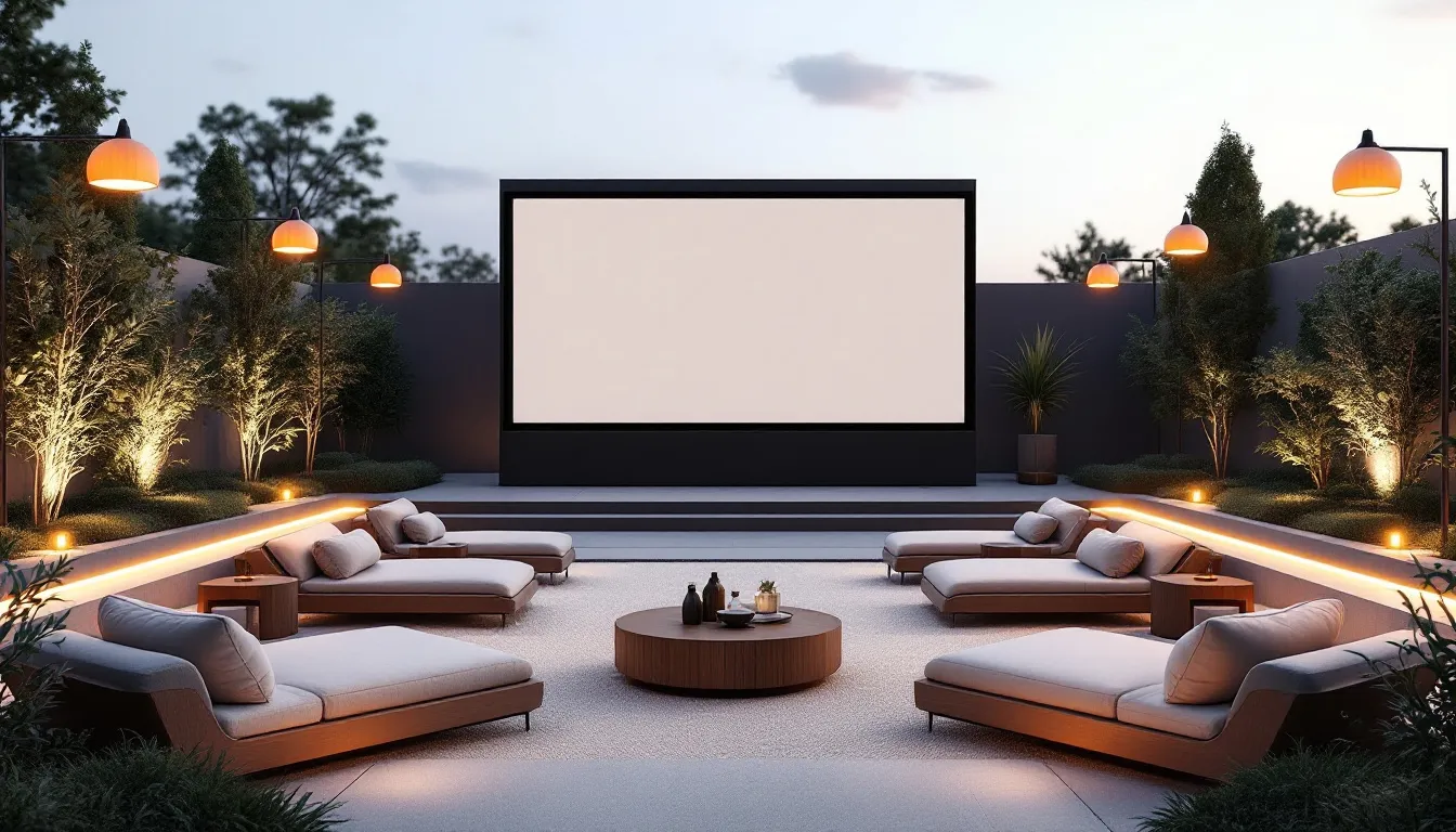 An outdoor theater space setup for movie watching with cozy seating and ambient lighting.