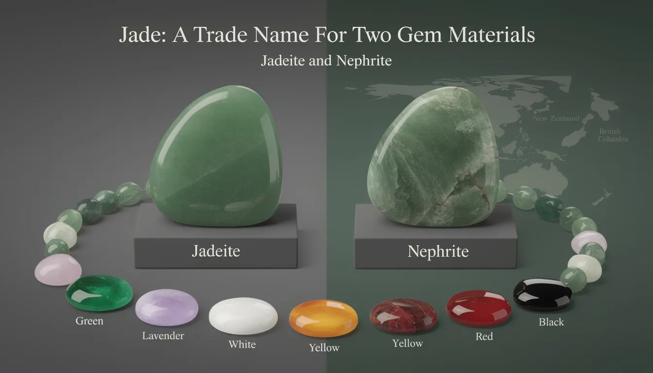 The image illustrates two distinct types of jade gemstones: jadeite and nephrite. It highlights the differences in their colors, showcasing nephrite's softer, muted tones alongside the more vivid green hues of jadeite, emphasizing their significance in jewelry and cultural history.