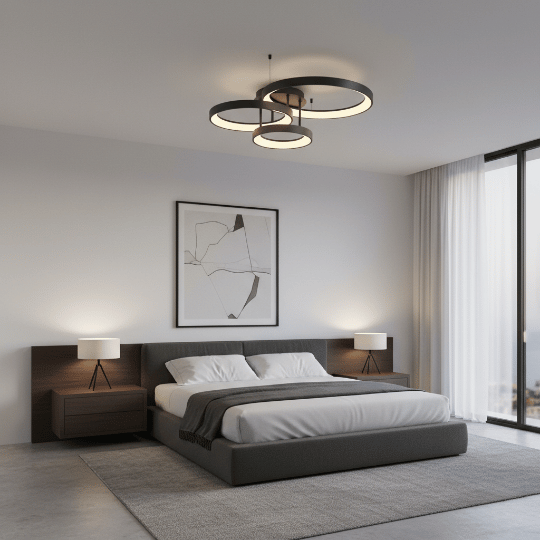 Bedroom lighting ideas with a modern ring LED ceiling fixture centered above the bed for even ambient light.
