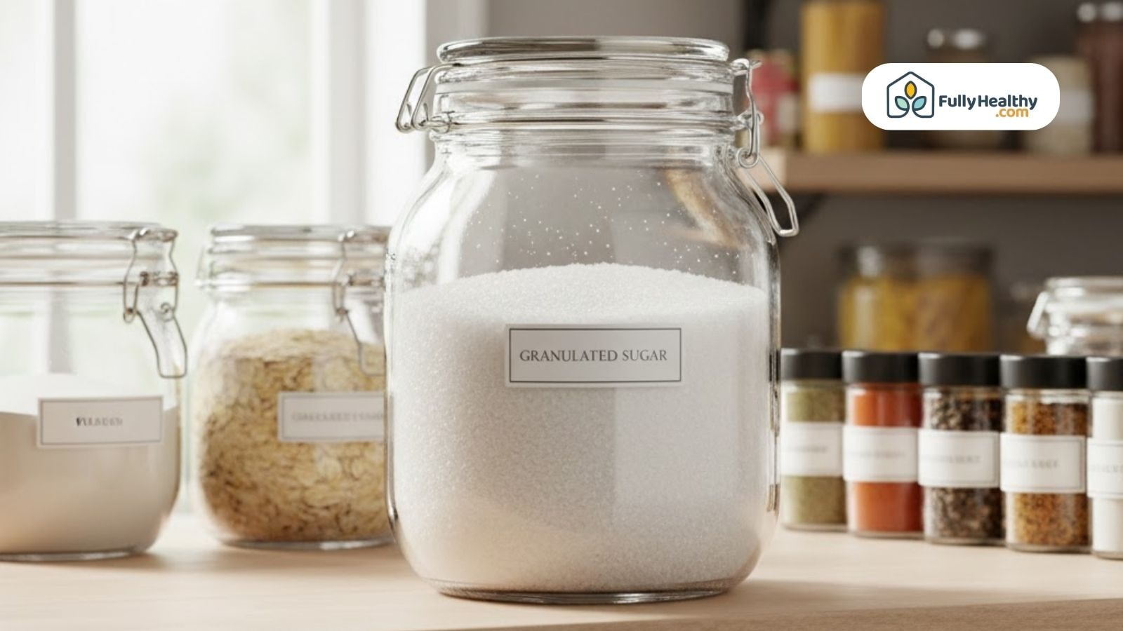 Granulated sugar stored in airtight container for freshness.