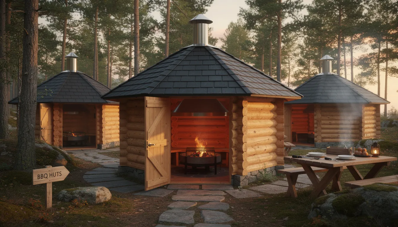 The image features a selection of cozy grill cabins, designed for year-round BBQ enjoyment, complete with double glazed windows and a roof covered structure. These huts, perfect for gatherings with family and friends, offer a beautiful space with benches and tables, enhancing the whole experience in any garden setting.