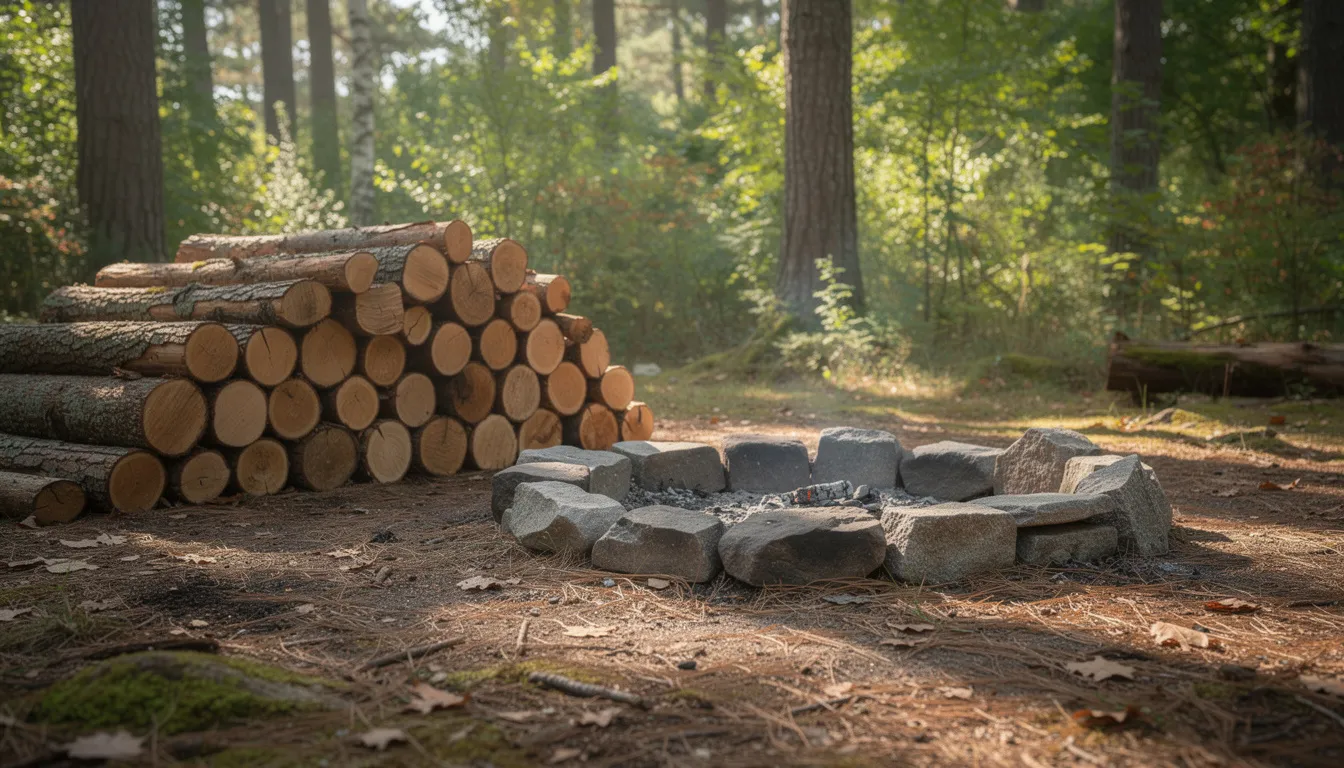The image shows neatly stacked firewood rounds beside a campfire ring in a serene forest clearing, perfect for car camping or survival situations. The stacked logs are ready for use, highlighting the importance of cutting firewood with tools like a folding bow saw or a compact folding saw for easy transport and efficient cutting.