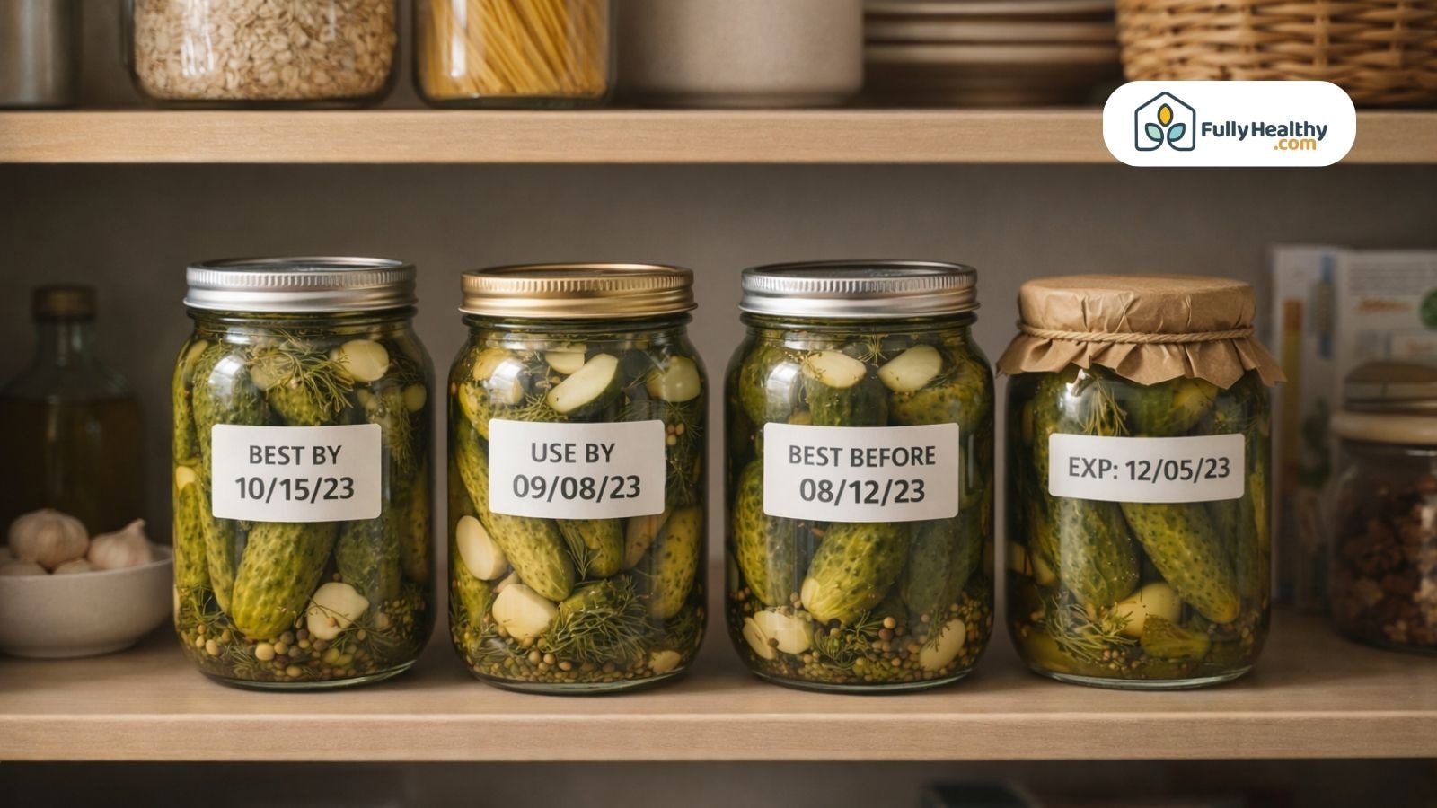 Assorted jars of pickles on kitchen counter with expiration labels