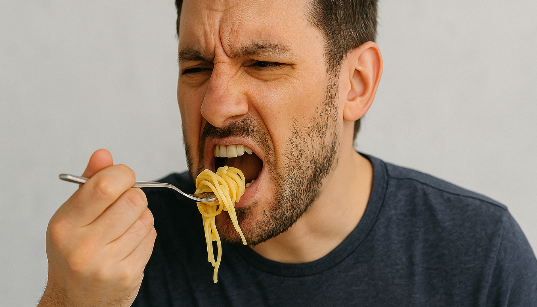 Mann opplever knekking i kjeven mens han spiser pasta, uttrykker ubehag under tyggebevegelse.
