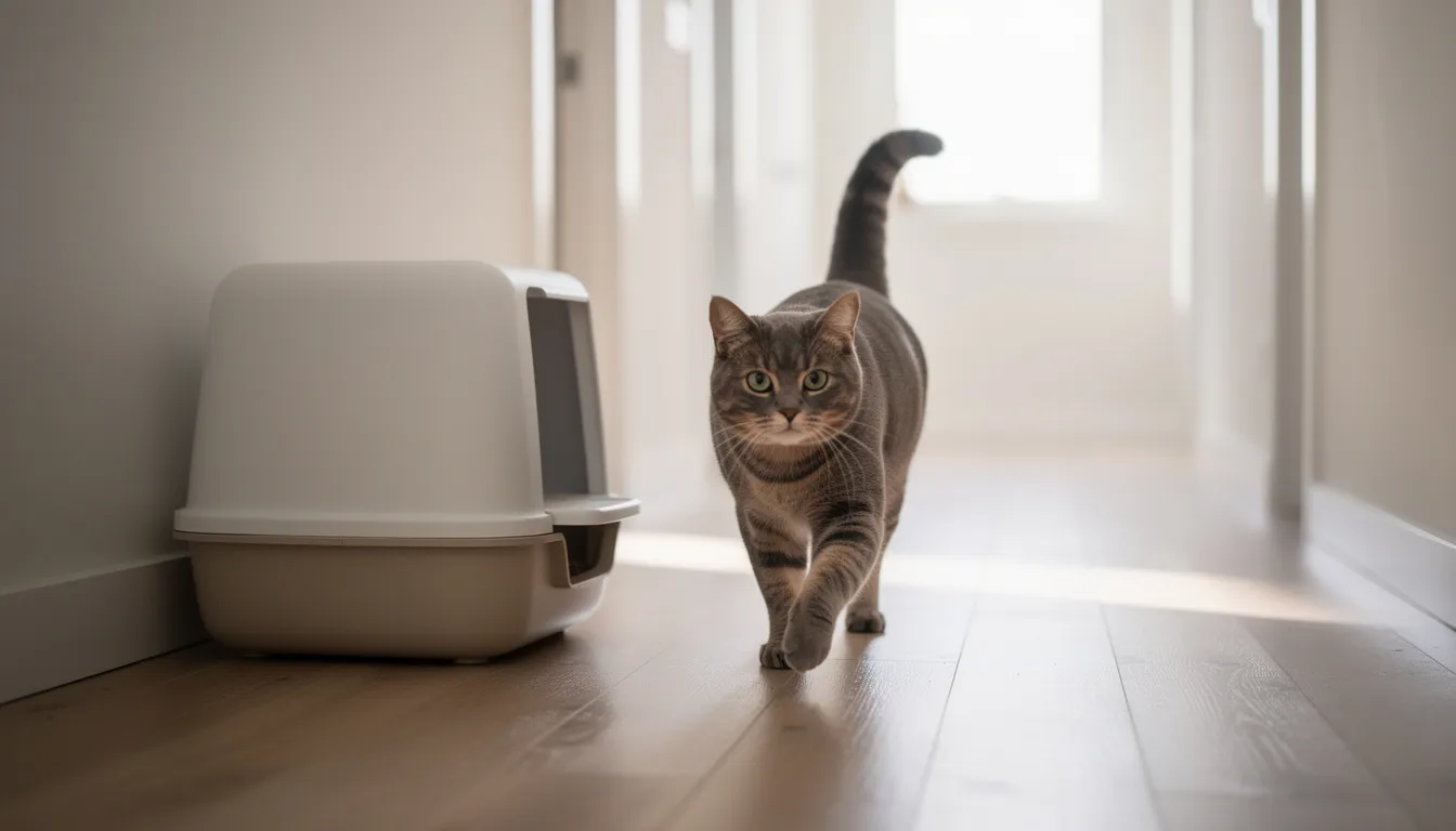 Een kat loopt weg van een moderne, afgedekte kattenbak in een gang. Deze kattenbak is uitgerust met een luchtverfrisser die actieve zuurstof gebruikt om geuren te neutraliseren, waardoor de kamer fris blijft en de penetrante geur van kattenurine wordt verminderd.