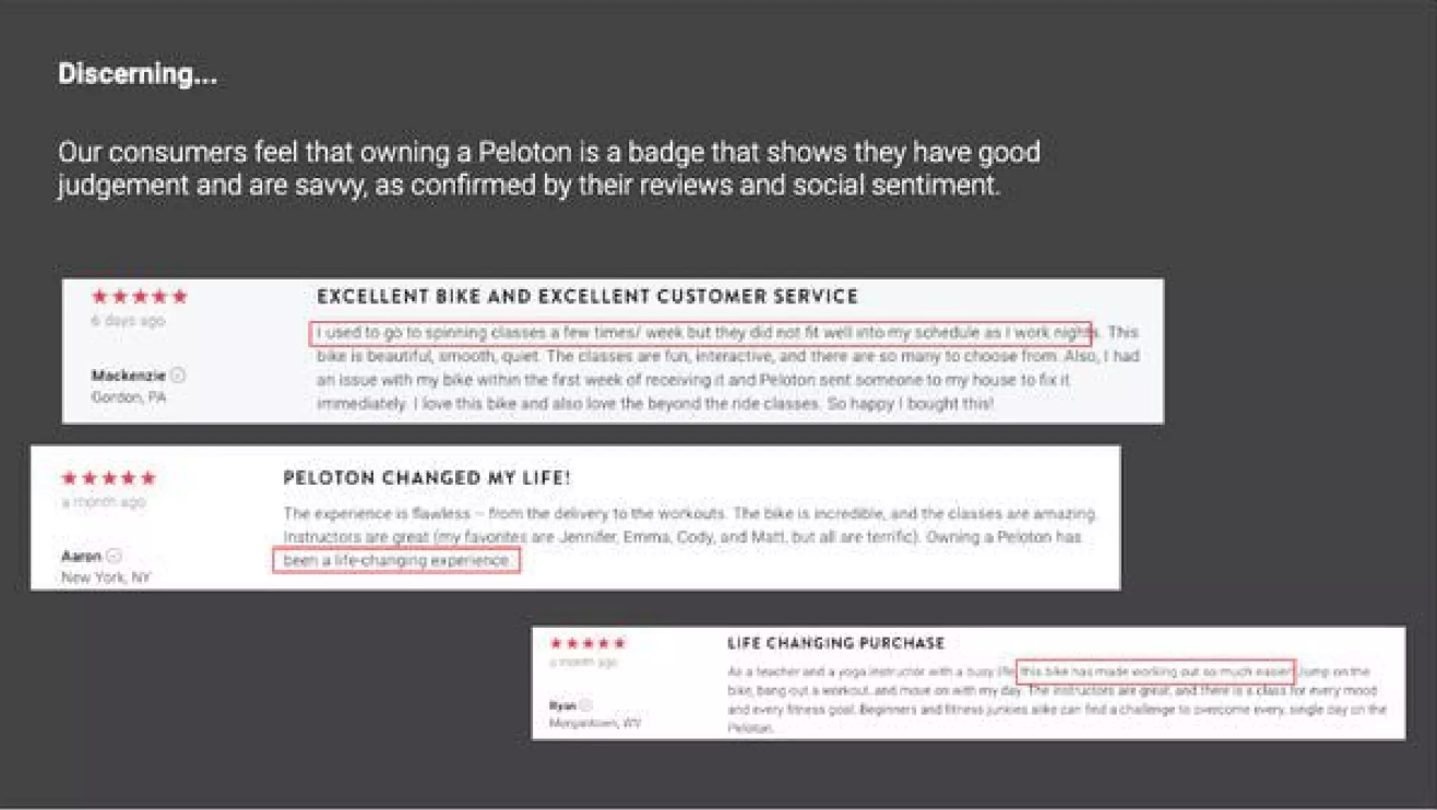 Customer testimonials are additional social proof of Peloton's success.