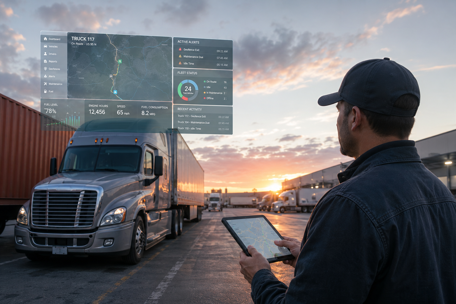 Fleet manager monitoring a GPS tracking device for trucks with real-time location and route data in 2026.