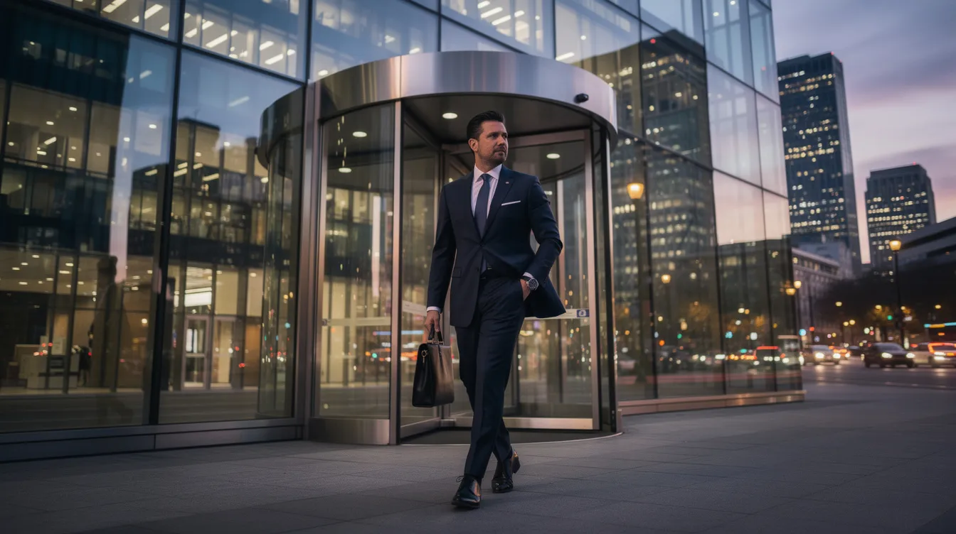 Ein eleganter Geschäftsmann in einem teuren Anzug betritt ein gläsernes Bürogebäude in einer Großstadt bei Dämmerung, während die Lichter von New York City im Hintergrund zu leuchten beginnen. Diese Szene erinnert an die Atmosphäre des Films "American Psycho", in dem Themen wie Narzissmus und das Leben eines Yuppies behandelt werden.