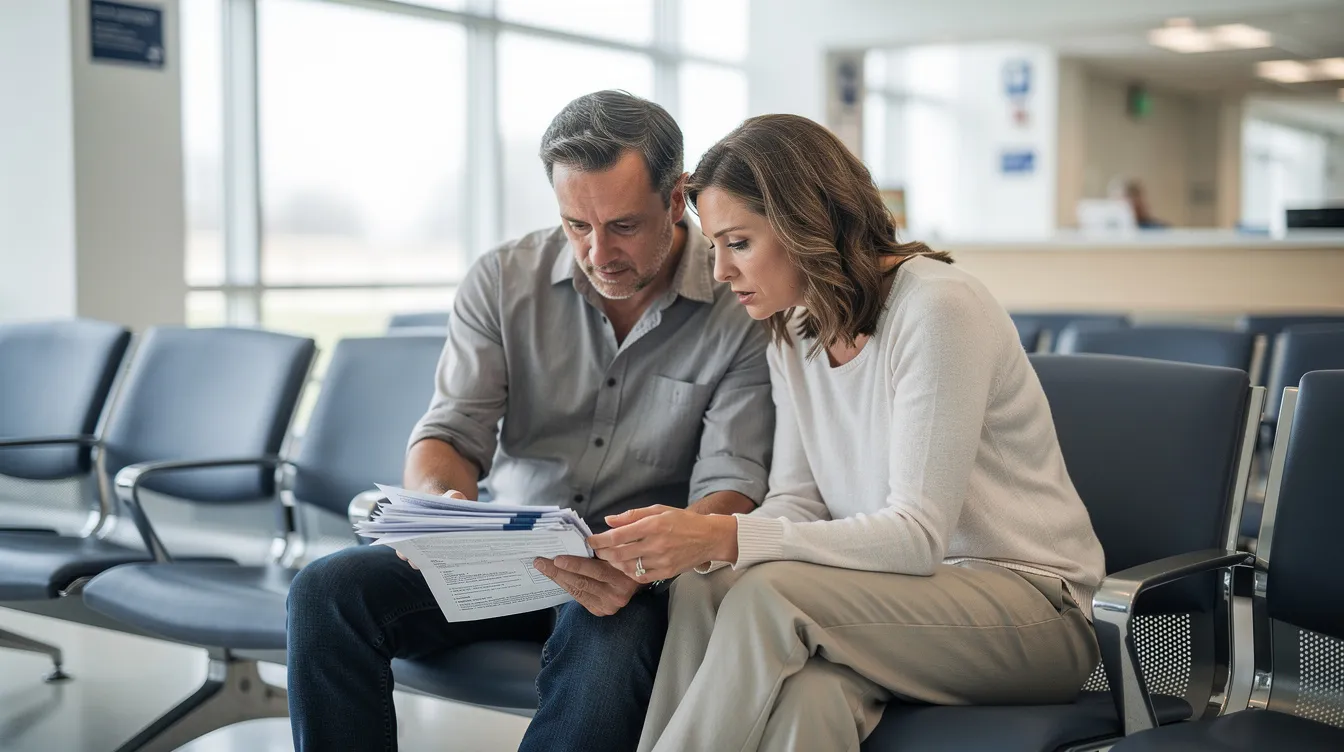 A middle-aged couple sits closely together in a hospital waiting area, reviewing documents intently. The atmosphere is calm, reflecting their shared concern as they navigate through important information.