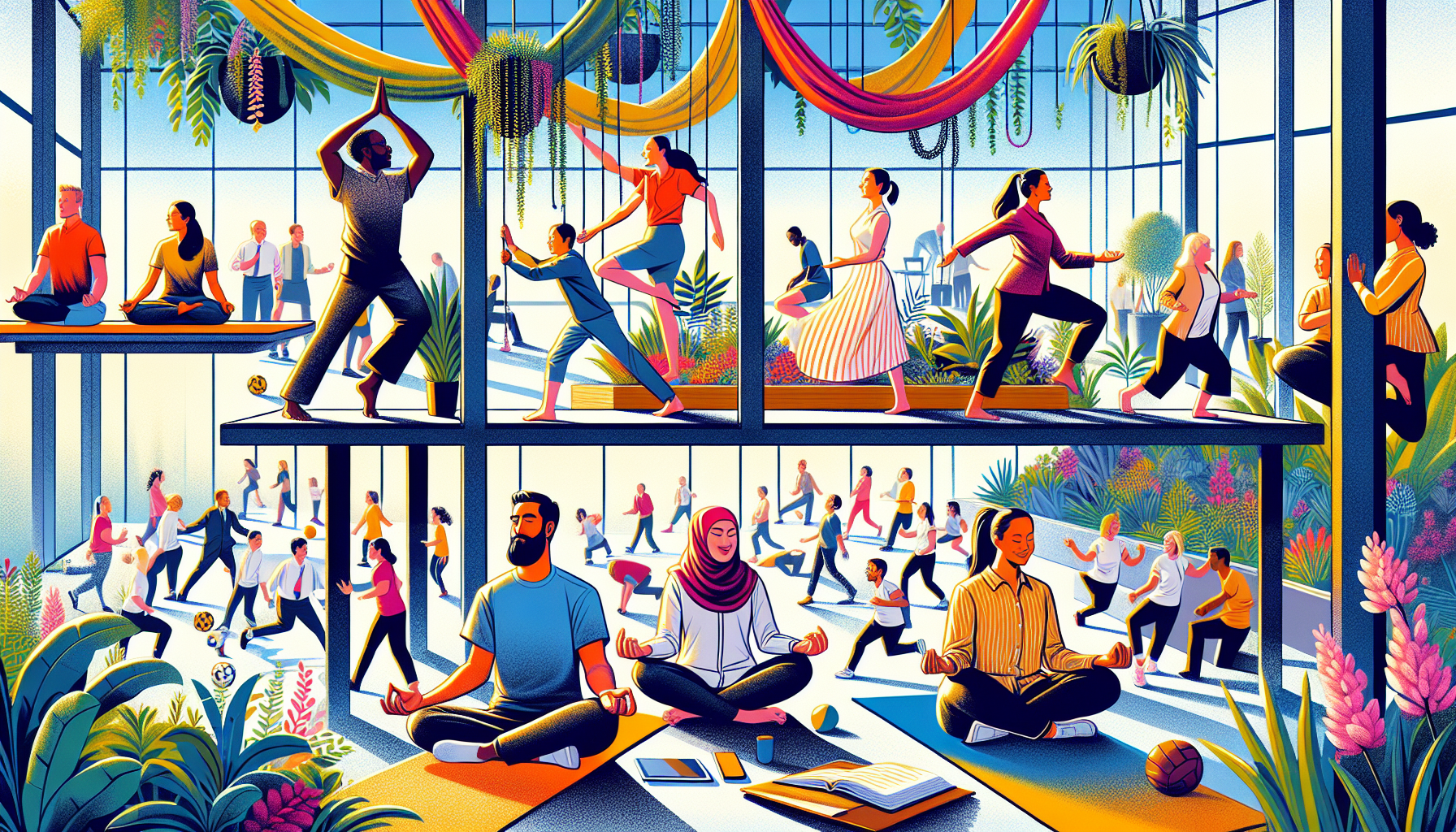 Illustration of diverse group of employees engaging in wellness activities