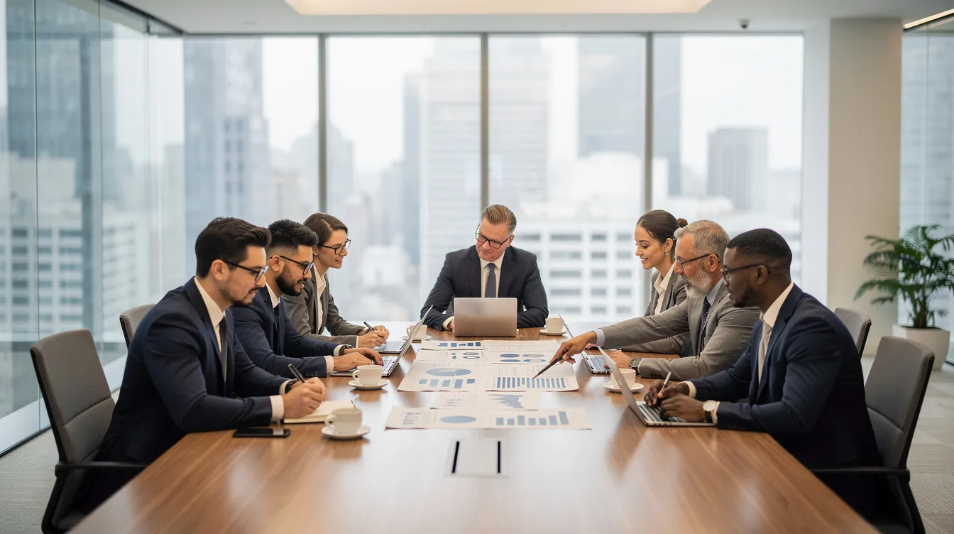 A group of professionals is engaged in a discussion around a conference table, reviewing various financial documents, including cash flow statements and hotel financial statements, to analyze the hotel's financial performance and project future profitability. The atmosphere is focused and collaborative, reflecting their efforts to assess operating costs and revenue generation for effective business planning in the hospitality industry.