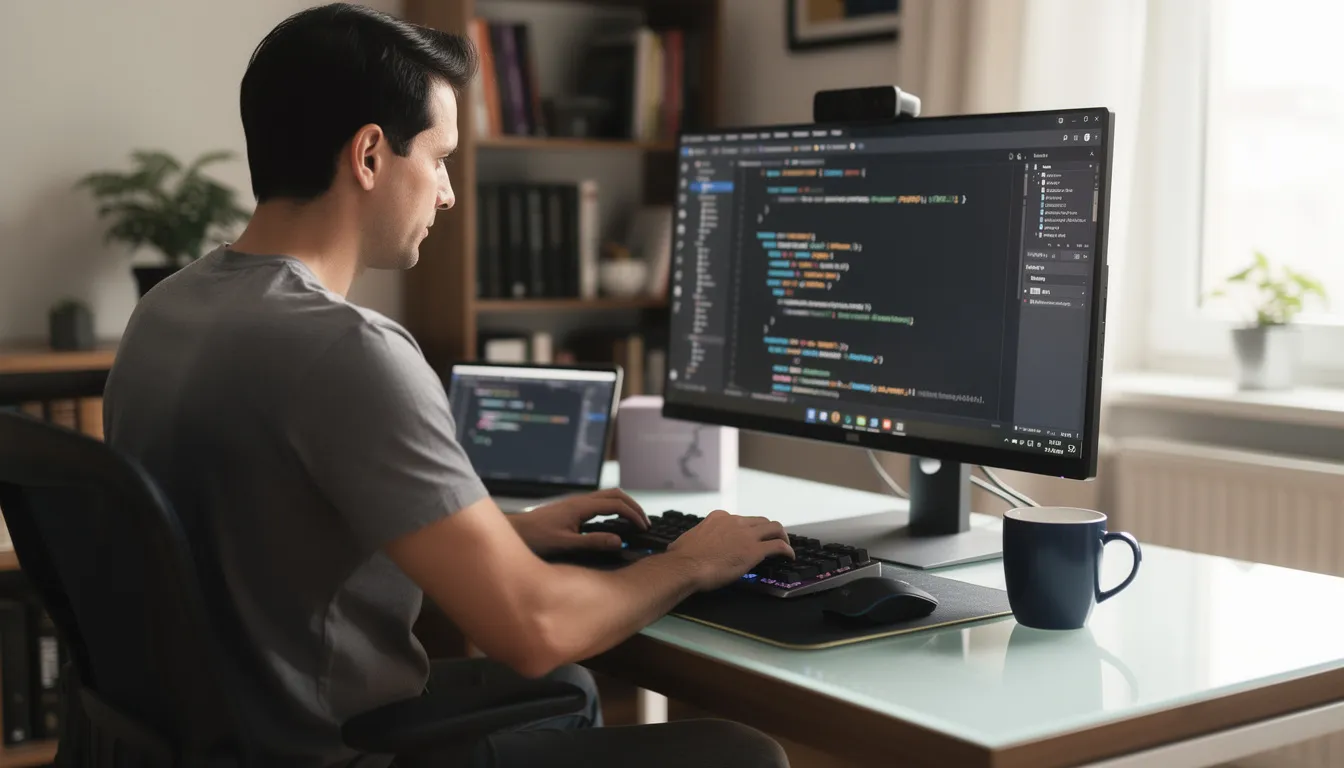 A man is sitting at a computer, deeply focused on writing code, with a browser-based IDE open on the screen. The scene captures the essence of app development and the use of powerful AI tools for creating fully working apps.