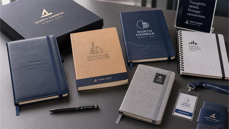 Custom A5 notebooks in hardcover, PU leather, fabric, kraft, and spiral styles