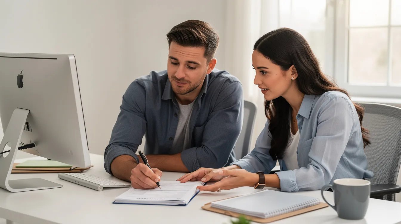 The image depicts a person sitting at a desk, reviewing paperwork with a supportive professional, who appears to be providing guidance on health insurance options related to mental health services. This interaction emphasizes the importance of understanding health insurance coverage for mental health care and the available behavioral health treatment options.