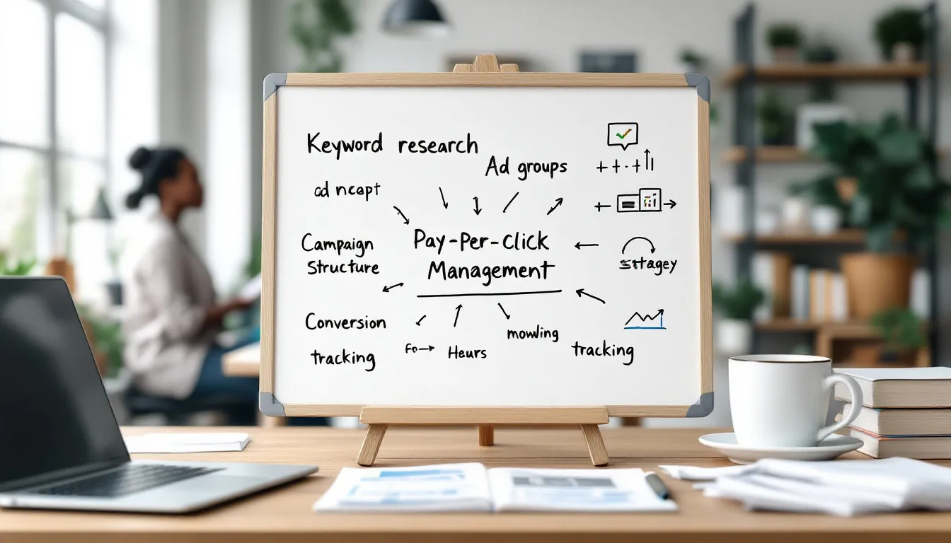 <p>This image illustrates various types of PPC management services available in the UK, showcasing elements like ad campaigns, keyword research, and detailed reporting. It emphasizes the importance of managing PPC campaigns effectively to achieve successful PPC campaigns and maximize advertising budgets.</p>
