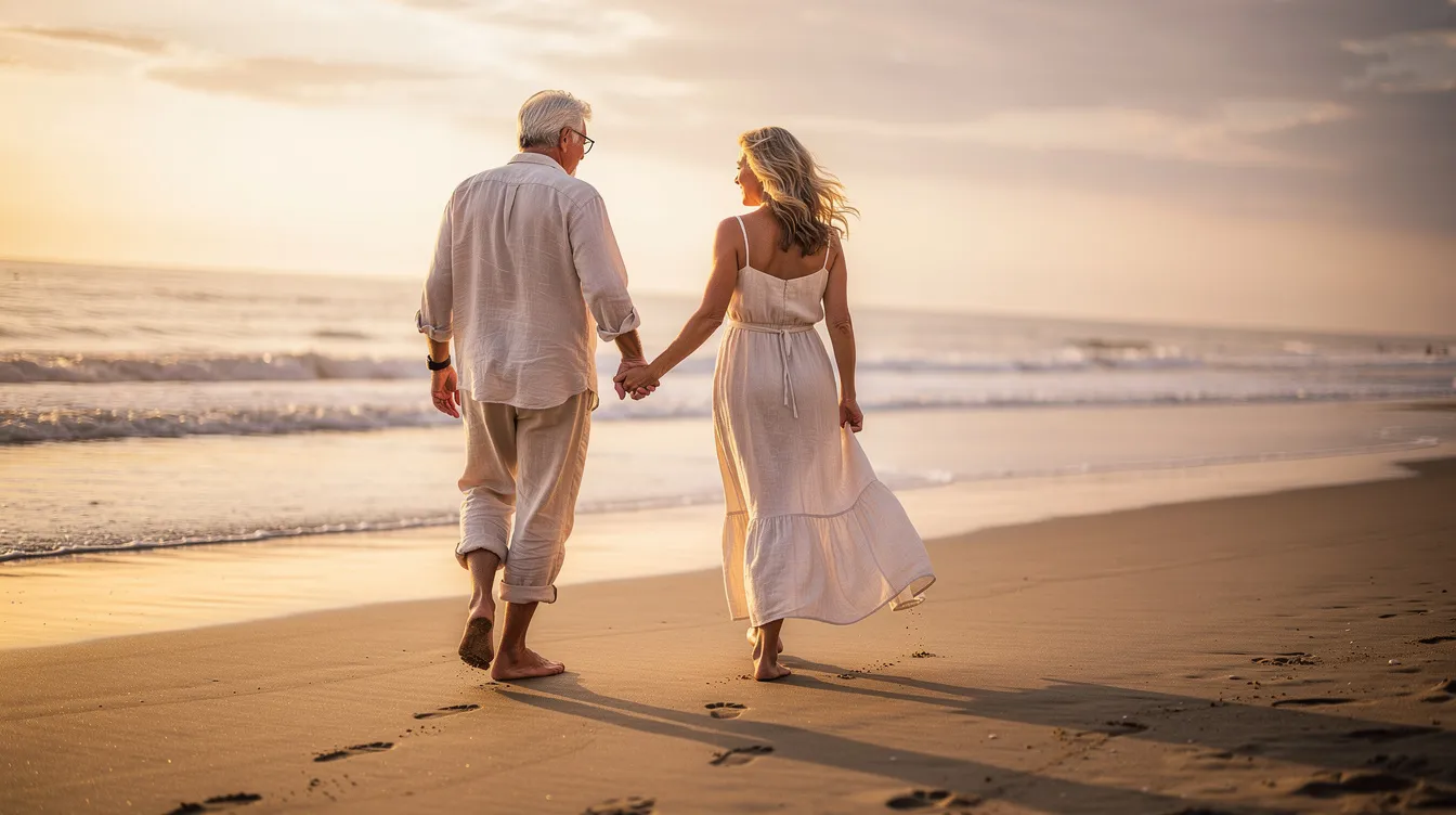 An older couple walks hand-in-hand along a serene beach, embodying emotional intimacy and the warmth of a long-term partnership. Their shared smiles reflect a deep romantic love, highlighting the beauty of companionship and mutual respect in their journey together.