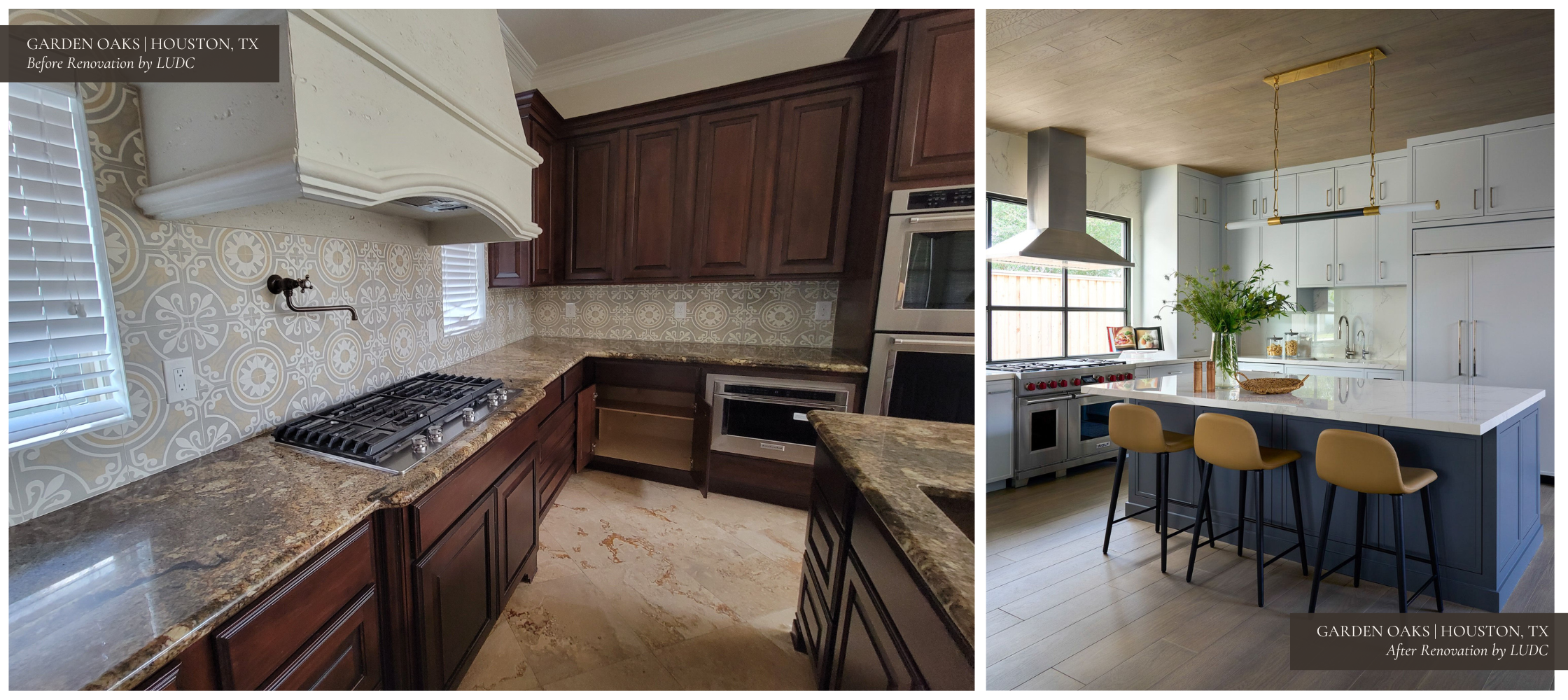 Left: A kitchen with dark wood cabinetry, granite countertops, and outdated appliances.
Right: A bright, modern kitchen with pale blue cabinetry, a large picture window, a central island, and brass light fixtures, emphasizing openness and flow.