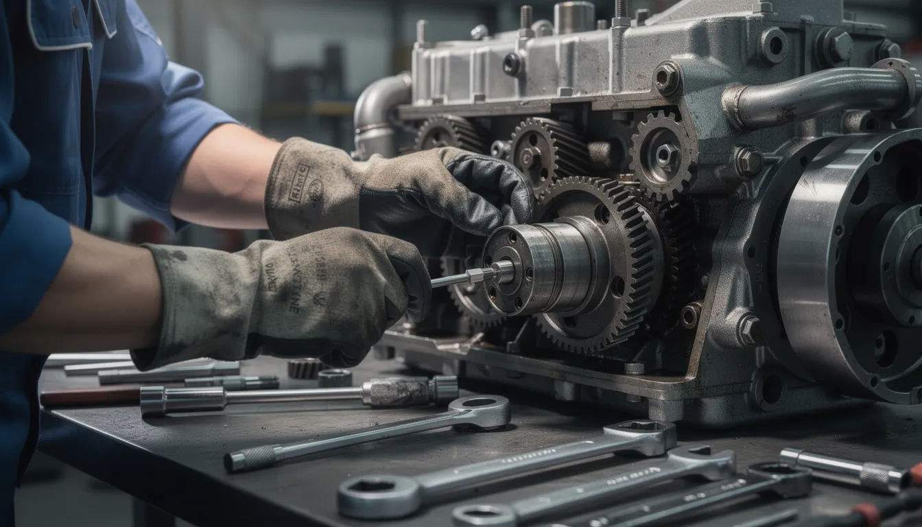 The image depicts a mechanic's hands skillfully performing maintenance on industrial engine components, with various tools laid out nearby. The scene highlights the technical data and engineering principles involved in the repair and overhaul of machinery.