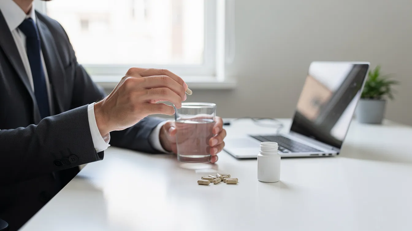 A person in business attire sits at a clean, modern desk, taking mushroom supplement capsules with a glass of water. This scene highlights the integration of functional mushrooms, such as reishi and lion's mane, into a daily wellness routine for immune health and brain support.