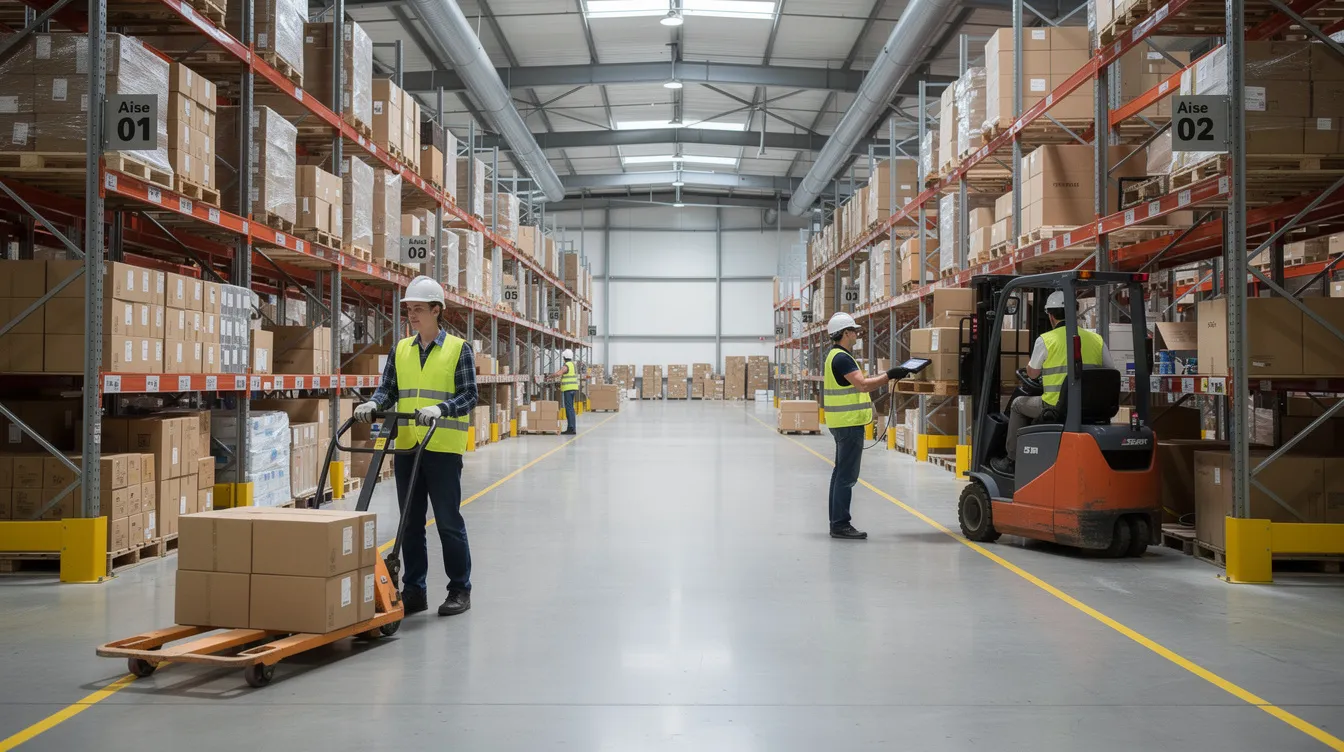 The image depicts the interior of a busy warehouse filled with tall shelving units stocked with various items, while several workers, including undocumented workers, are actively engaged in their tasks. The scene highlights the importance of workplace safety and workers compensation benefits for all employees, regardless of their immigration status.