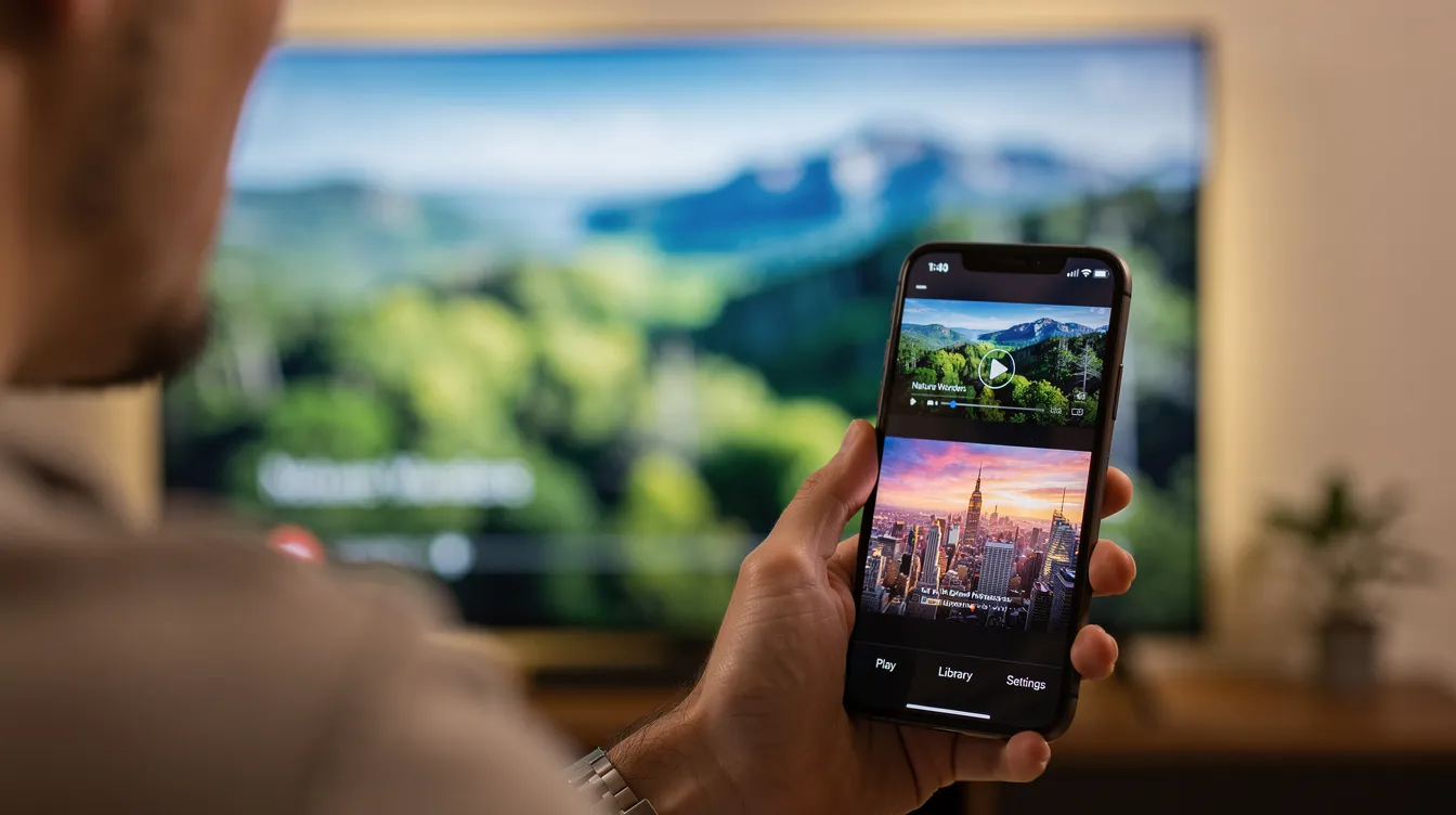 A person is holding a smartphone displaying vibrant video content, while a blurred television screen in the background also showcases colorful visuals, illustrating the seamless experience of watching IPTV services. This scene highlights the convenience of streaming content on multiple devices, enhancing the viewer's IPTV experience.
