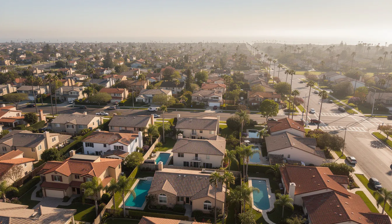 The image shows an aerial view of a residential neighborhood in the South Bay area of Southern California, featuring rows of houses with well-maintained yards and palm trees lining the streets. This serene environment is a reminder of the community where experienced personal injury attorneys may assist injury victims in navigating their legal options following incidents like car accidents or pedestrian accidents.