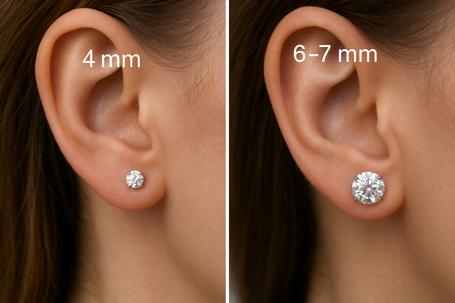 4 mm ir 6–7 mm deimantiniai vinukai skiriasi ant ausies