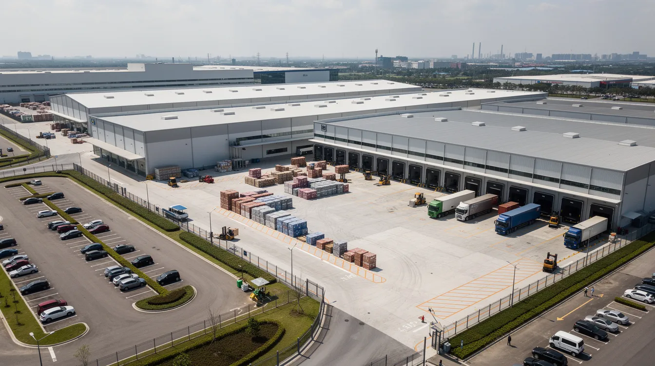 An aerial view of a large manufacturing plant shows numerous trucks actively loading materials, highlighting the operational efficiency of the facility. This bustling scene reflects the importance of manufacturing companies in driving local business and enhancing search visibility through effective SEO strategies.