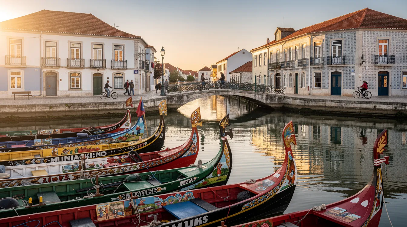 A imagem retrata a cidade de Aveiro, em Portugal, conhecida por seus canais e os coloridos barcos moliceiros. Ao fundo, destaca-se a Igreja da Misericórdia, uma obra-prima da arte barroca, enquanto o céu azul complementa a tranquilidade do centro histórico da cidade.