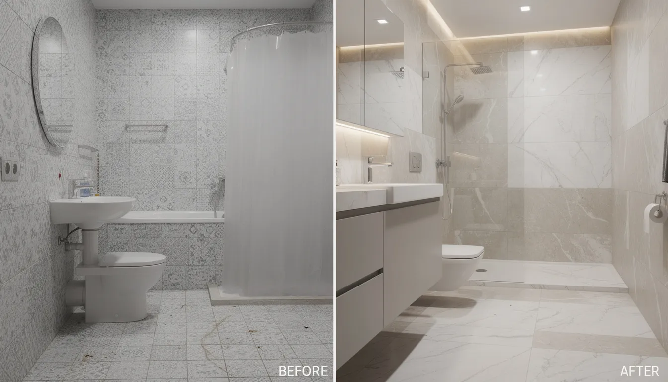 De afbeelding toont een vergelijking tussen een gedateerde badkamer met traditionele kleine keramische tegels en dezelfde ruimte met moderne badkamer wandpanelen in een luxe marmerlook. De strakke uitstraling van de nieuwe wandpanelen benadrukt de mogelijkheden voor badkamer renovatie en biedt een onderhoudsvriendelijke en waterdichte oplossing voor vochtige ruimtes.