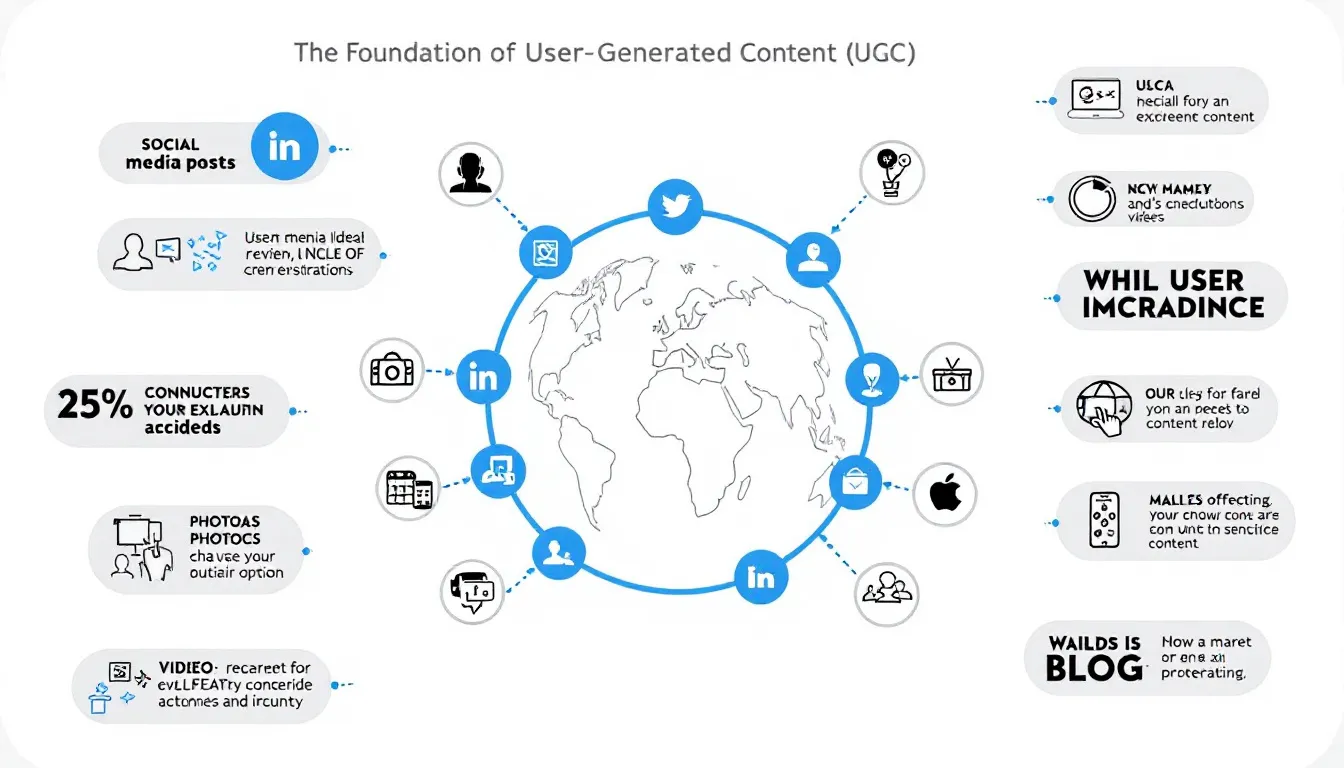In the image, a diverse group of ugc creators collaborates on content creation, showcasing various forms of user-generated content, such as videos and social media posts. They are engaged in a creative environment, emphasizing the importance of authentic content in digital marketing strategies.