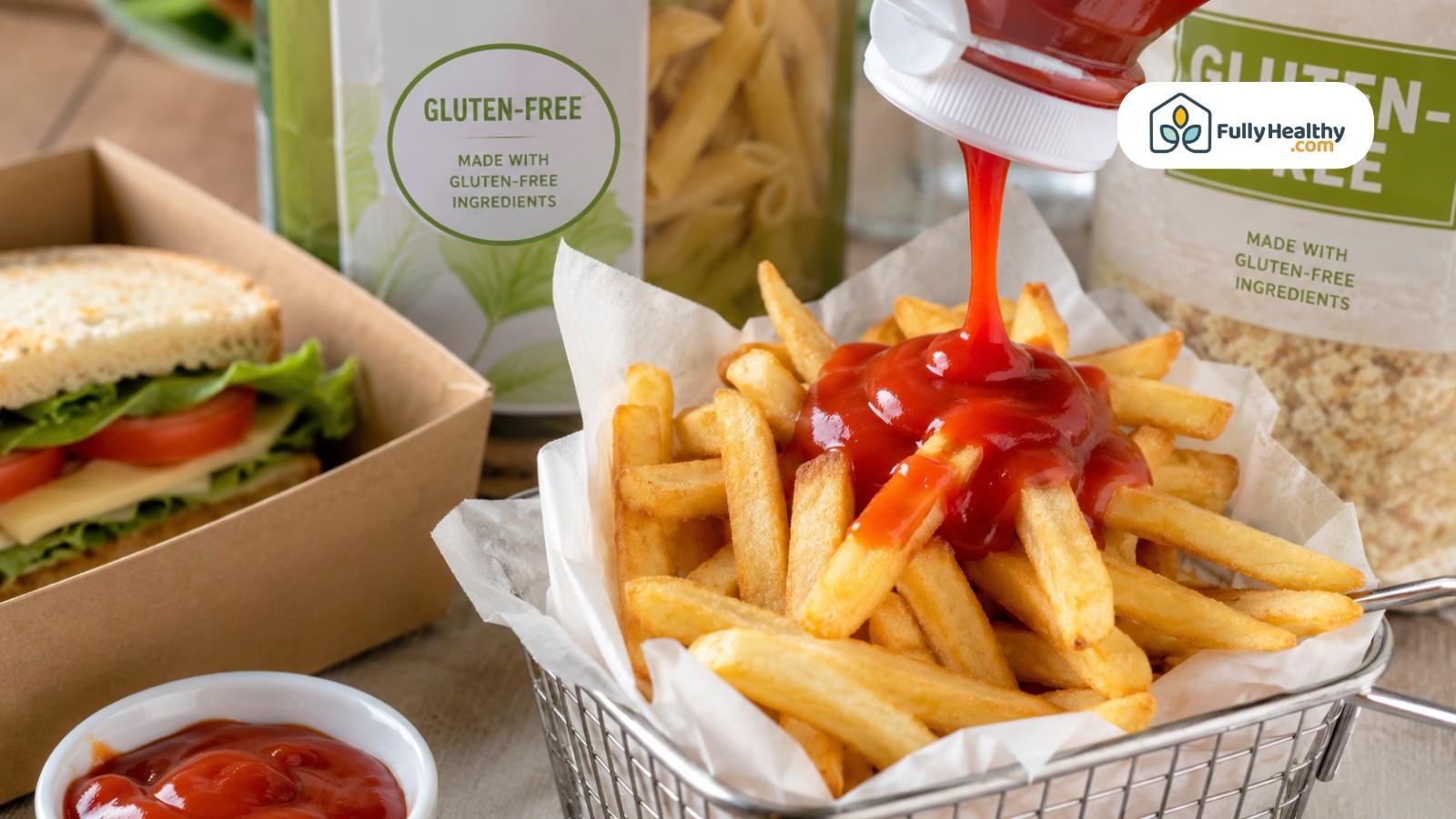Ketchup poured over fries beside gluten-free sandwich and labeled food packages