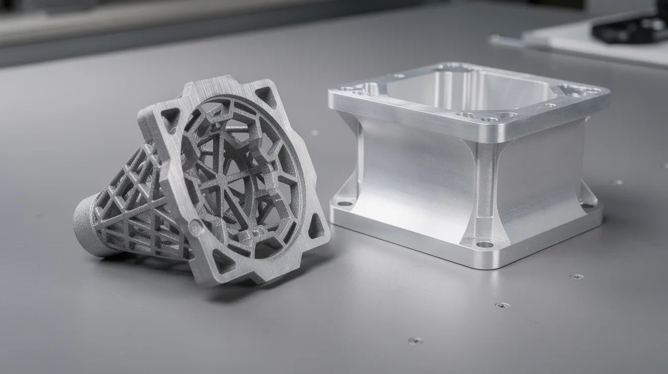 The image features a metal 3D printed aerospace component with a complex lattice structure positioned beside a CNC machined aluminum housing, highlighting advanced manufacturing processes used in the aerospace industry. This juxtaposition showcases the capabilities of rapid prototyping services for producing high-quality aerospace components.