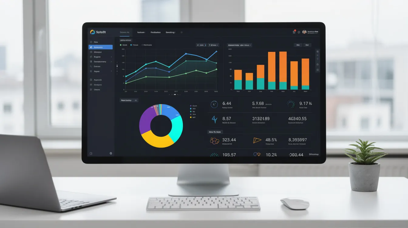 The image depicts a modern analytics dashboard displayed on a computer screen, showcasing colorful charts and data visualizations within a clean office environment. This setup emphasizes effective client onboarding processes and customer relationship management, highlighting key metrics that support long-term client satisfaction and success.